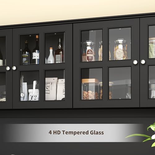 Loomie 71\" Tall Kitchen Pantry Storage Cabinet, 63\" Wide Kitchen Hutch Cabinet with Large Countertop, Tall Pantry with Drawers, Display Cabinets with Glass Door for Living Room(Black) (Black) - Thumbnail 5