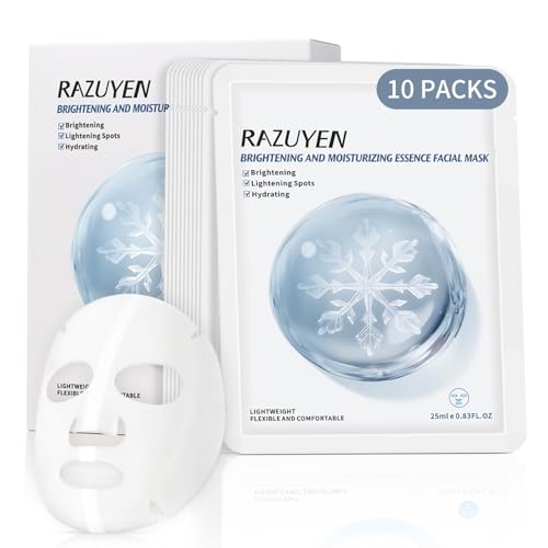 RAZUYEN Brightening Face Mask (10 Sheets), With Rosa Water, Niacinamide, Vitamin C and Hyaluronic Acid, Face Sheet Masks for Glowing, Soothing and Hydrating Skin, Added Fragrance Free