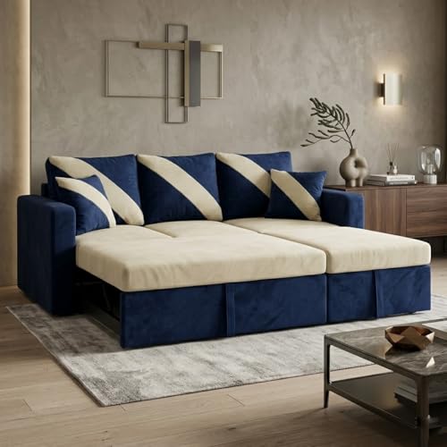 Image of FURNY Trivia 4 Seater RHS Lounger Sofa Cum Bed (Dark Blue - Cream) with Pull-Out Function | Luxury Velvet Suede Finish | Durable Comfort | Ideal for Living Room