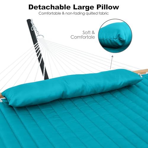 Image of GAFETE Hammock 2 Person Quilted Fabric Hammocks for Outside, Double 12ft Hammocks with Spreader Bar, Large Removable Pillow, Storage Bag, Carabiners, Max 475 lbs Capacity (Canyon Creek Aqua)