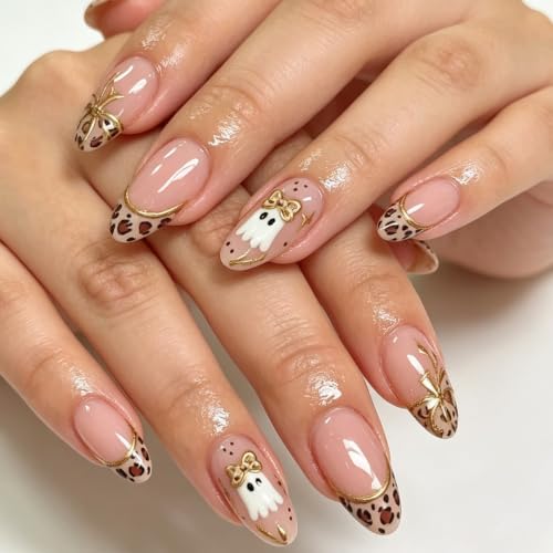 Halloween Press on Nails Almond, Gilded Ghost and Pumpkin, 30Pcs