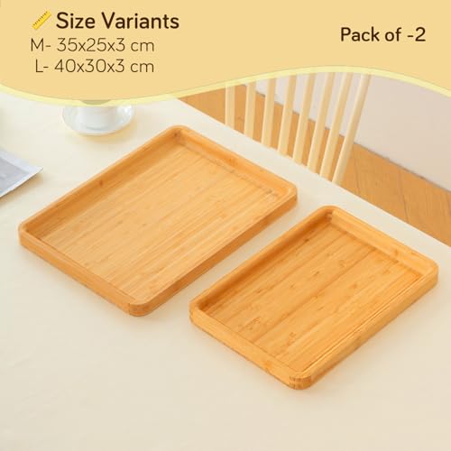 Image of HOKIPO Natural Bamboo Serving Tray Set - Multipurpose Kitchen, Breakfast & Tea Tray (Medium + Large) (AR-5769-ML)