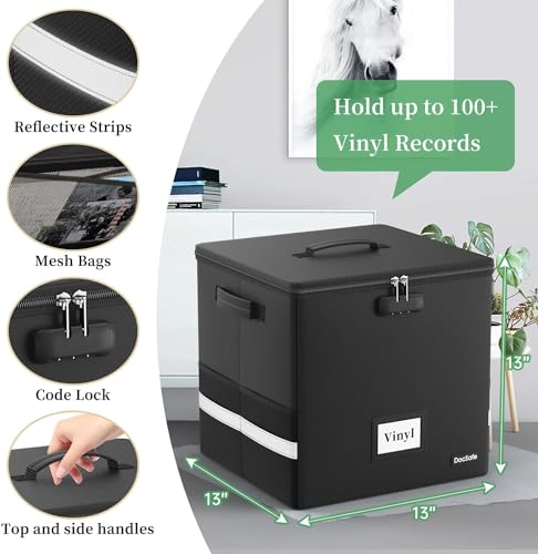 DocSafe Feuerfest Schallplatten Aufbewahrungsbox Vinyl Schallplattenkoffer mit Schloss Plattenkoffer zur 100+ Schallplatten,Zusammenklappbare Aufbewahrungskiste für die Aufbewahrung Wertvoller Alben
