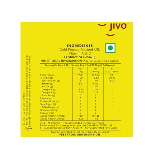 Jivo Premium Cold Pressed Kachi Ghani Mustard Oil, 5 Litre | Contains Omega-3 (ALA) and Vitamin E | Ideal for Cooking, Frying, Pickling & Daily Use |