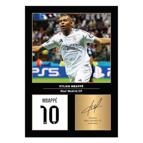 Icons Wall Art Foto firmada del Real Madrid Kylian Mbappé, tamaño A4, regalo para fans del Real Madrid reproducida digitalmente firmada sin marco