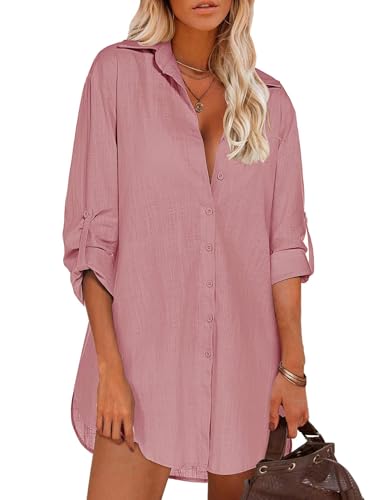 Image of HOTOUCH Women Boyfriend Shirts Button Down Long Sleeve Blouse Cuffed Sleeve Collared Shirt
