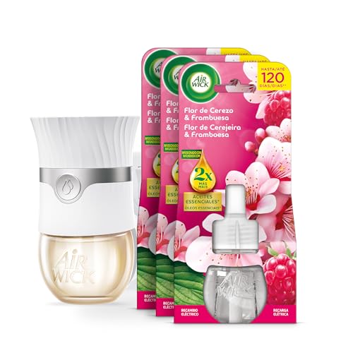 Air Wick Ambientador Eléctrico - Aparato + 3 recambios difusor inteligente con tecnología Anti-Fading y Recambio con aroma a Flor de cerezo y Frambuesa, infusionado con 2 veces más aceites esenciales