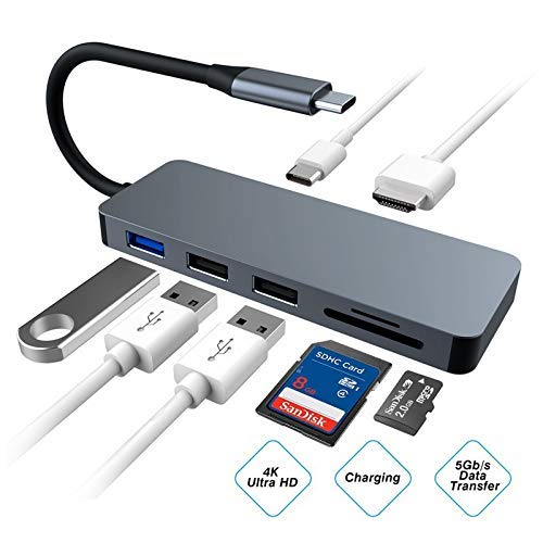 USB C Hub,7 in 1 Aluminum Type C Hub Adapter with 4K HDMI-Anschlüssen,SD/Micro SD-Kartenleser,USB 3.0 Port für Galaxy/ S8 /S9+,Huawei Mate