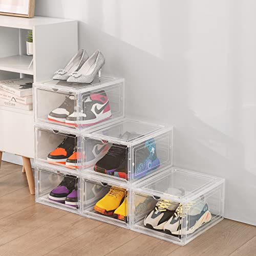 Dezene Large Sturdy Storage Boxes: Pack Of 6 Stackable Clear Plastic Organizer Containers For Closet, Drop Front Bins For Display Sneakers, Fit Shoe Size Up To Us Men 12 #TOP3