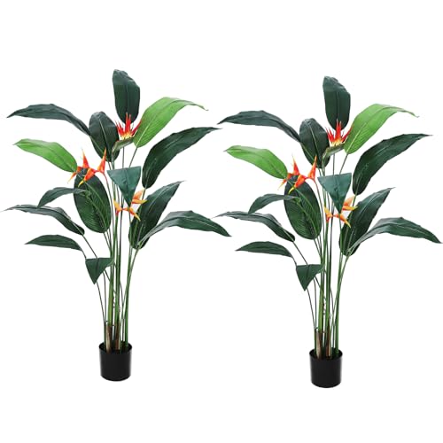 Artificial Bird of Paradise Tree 6FT(72in) Fake Palm Tree for Indoor Outdoor Modern Decor Faux Plants for Home Office Perfect Housewarming Gift with 14 Trunks Faux Leaves and 3 Flowers 2 Pack
