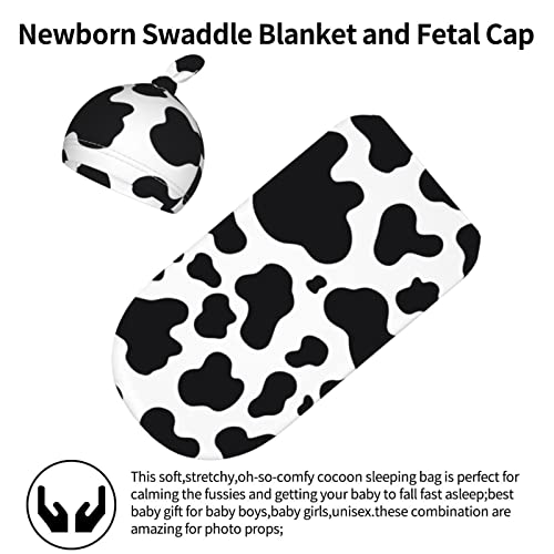 Image of Cow Print Newborn Swaddle Blankets Beanie Hat Sets,Newborn Receiving Blanket for Boy Girl,Swaddle Sack Shower Infant Gift One Size