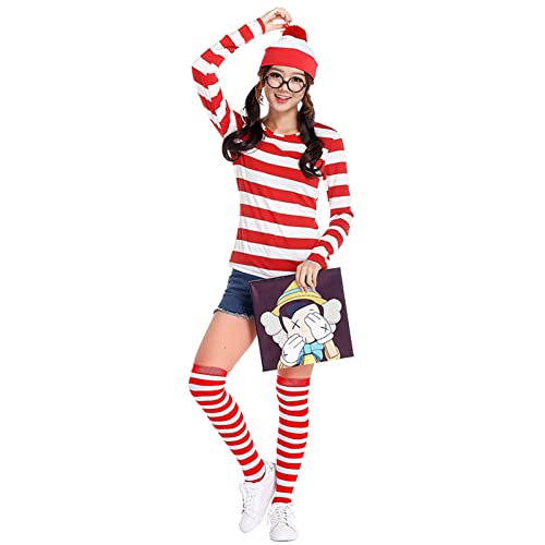 Feeziloe Women Where's Wally Kit, Top Hat Glasses Socks Costume Set, Red and White Top Fresher Costume Book Day Fancy Dress (S)