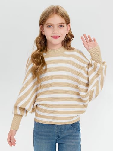 Haloumoning Girls Oversized Striped Sweater Kids Fashion Batwing Sleeve Ribbed Knit Pullover Tops 5-14 Years3