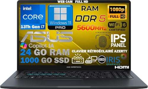 ASUS Ordinateur Portable Intel i7 13ème 10 Coeurs 5Ghz, RAM 24 Go DDR5, SSD PCIe 1To, écran IPS 15,6 Full HD, WiFi6E, 4USB, Empreinte Digitale, Clavier...