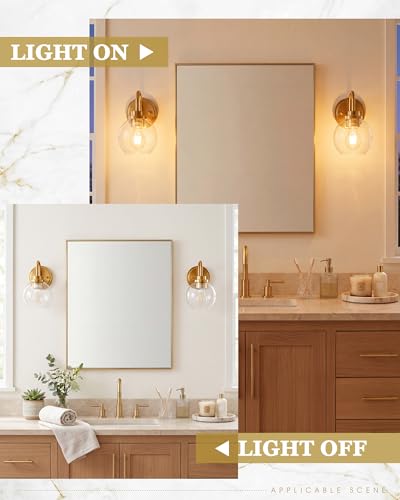 Image of Brushed Gold Wall Sconces Set of 2 with Globe Clear Glass Shade | Modern design, hardwired, E26 socket, suited for bathroom mirror side, bedside, hallway, or entryway, AD-22280-1W2-GD