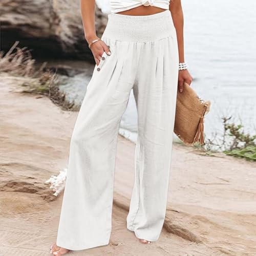 Linen Pants Women High Waist Wide Leg Pants Palazzo Elastic Lounge Pant Summer Casual Flowy Trousers with Pocket2