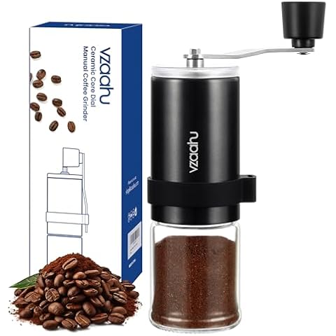 Vzaahu Manual Coffee Grinder with Lid Fast Grind Conical Ceramic Burr with Adjustable Setting for Americano Lover - Travel Portable Outdoor Hand Coffee-grinder for French Press Cover