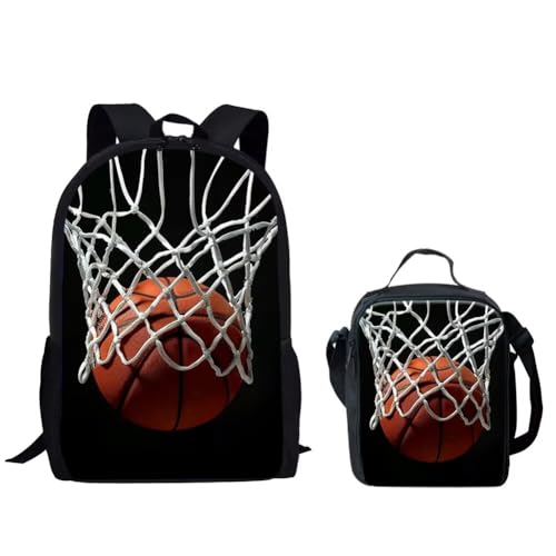 HUGS IDEA Boys Backpack Set Basketball Going Through the Net School Bags 2 Piece Laptop Schoolbag and Cooler Warm Lunch Tote Box