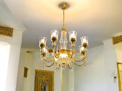 Image of Prop It Up Crystal Glass Chandelier, 8+1 Lights, Gold-Plated Metal Frame with Hanging Crystals, Traditional Design, Without Bulb