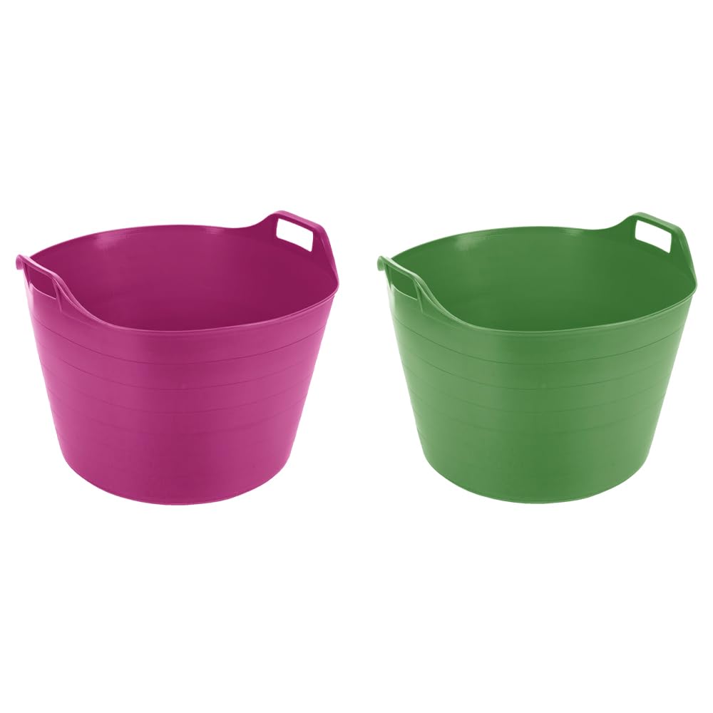 Set of 2 Extra Large Size 75 Litre Flexi Tub Trug Assorted Colours | Horse Feeding Bucket| Flexible (Pink & Lime Green)