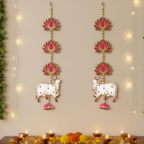 Image of CraftVatika Cow Pichwai Hanging & Golden Lotus Wall Door Decor Hanging MDF for Home, Temple, All Festival Decoration (2 Pc's)