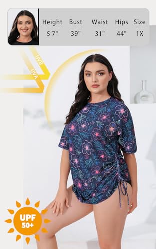 Halcurt Women's Plus Size Short Sleeve Rash Guard Ruched Side Drawstring Adjustable Swim Shirt UPF50 Quick Dry Swimsuit Top4