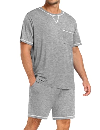 Image of SWOMOG Mens Pajamas Set Summer Sleepwear Short Sleeve Pjs Set Soft 2 Piece Lounge Set Comfy Loungewear with Pockets
