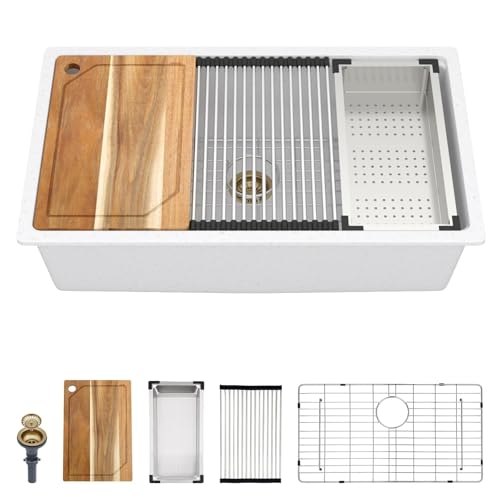 Talllor Granite kitchen Sink - 32 Inch White Undermount Kitchen Sink Workstation Single Bowl White Quartz Composite Sinks Basin with Gold Drain Assembly, 32'x19' #TLGU-104