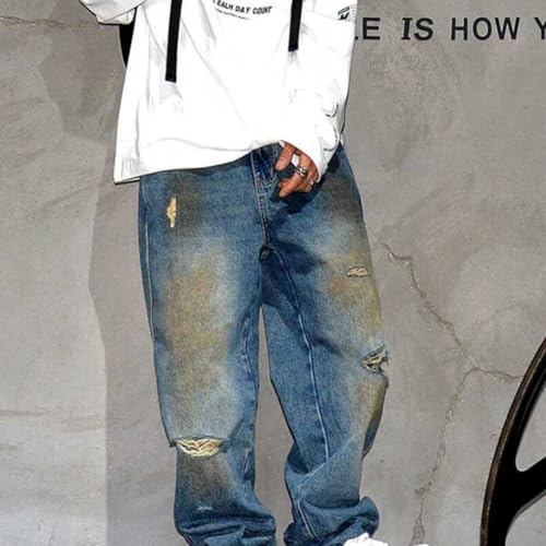 Men’S Vintage Hip Hop Ripped Baggy Straight Denim Pants Button Fly Distressed Streetwear Skateboard Full Length Jeans4
