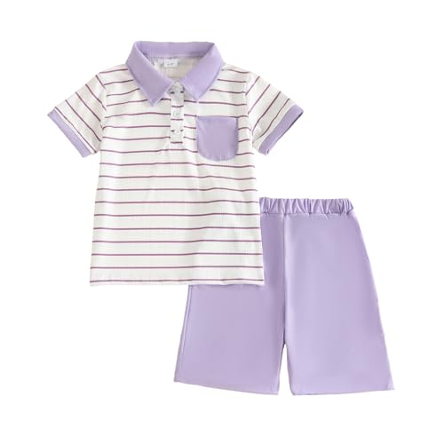 Image of Toddler Kid Boy Clothes Textured Striped Polo Collar Top Summer Shorts 2PC Summer Outfit Set