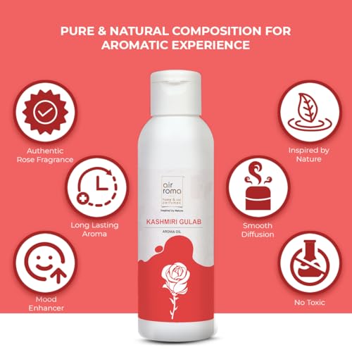 Image of AIR-ROMA Kashmiri Gulab Scented Aroma Diffuser Oil, Pure, Natural and Undiluted 100ml | Strong & Long-Lasting Aroma - Fragrance Oil for Home, Office, Candles