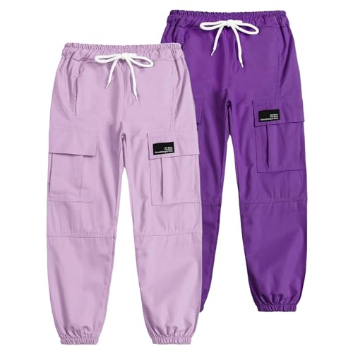 Image of Cromoncent Womens 2 Packs Cargo Pants Elastic Waist Lightweight Outdoor Jogger Pants Light Purple+Purple M