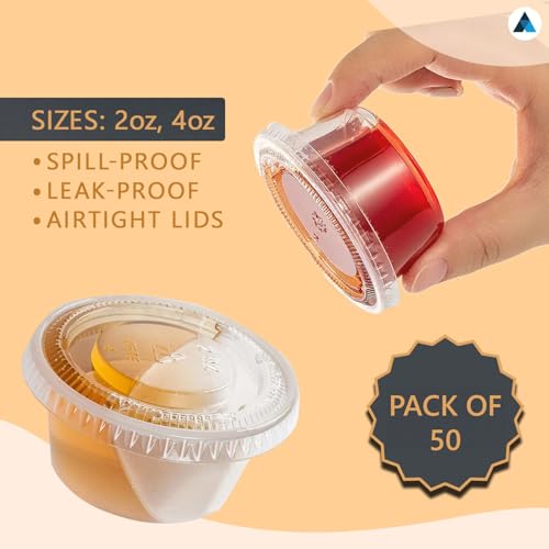 Nationwide Paper 4oz 50pcs Plastic Sauce Pots with Airtight lids Clear Small Pots for Ketchup, Chutney, Dips and Sauces (118ml)