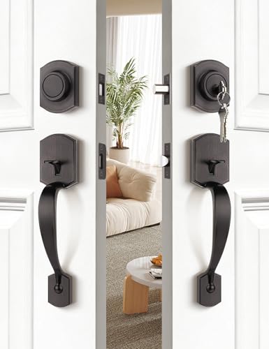 Image of Tinewa Oil Rubbed Bronze Double Front Door Handleset with Deadbolt - Upgraded Entry Door Handle Featuring Accent Wave Lever, Keyed & Dummy Exterior Handleset Combination