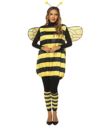 Unisex Adult Kids Bee Cosplay Costume Set Bee Dress with Wings Headband Leg Sleeves for Halloween Party Accessories (Yellow Adult, M)