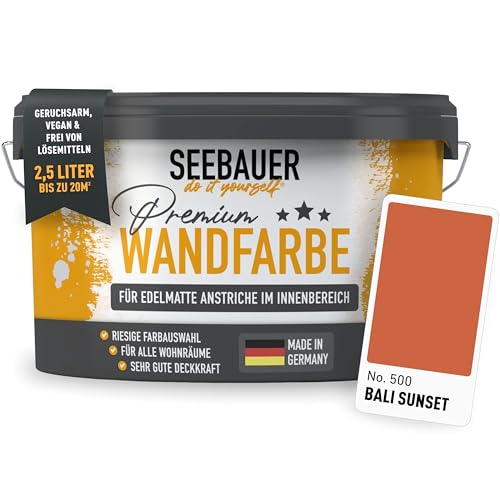 SEEBAUER diy Wandfarbe Orange 2,5L für Innen (No. 500 Bali Sunset) Edelmatte orange Innenfarbe - Orangetöne sehr hohe Deckkraft - Matt, Abwaschbar und Tropffrei