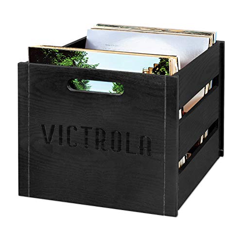 Image of Victrola Wooden Record Crate - Tabletop Vinyl Album Holder, No-Tool Assembly, Holds Over 50 Records, Real Wood Construction, Elegant Design (Black)