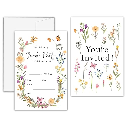 KFNER Garden Birthday Invitations, Spring Wildflowers Birthday Party Invitation Card, Girls Garden Birthday Party Favors & Celebration Supplies (20 Set of Invitations with Envelopes) -D14
