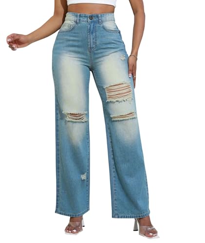 Sexyshine Women's High Waist Straight Leg Ripped Jeans Baggy Loose Washed Distressed Cut Out Y2K Denim Pants