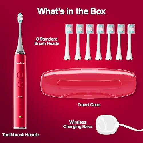 Image of Aquasonic Vibe Series Ultra-Whitening Toothbrush a€ inch ADA Accepted Electric Toothbrush - 8 Brush Heads & Travel Case a€ inch 40,000 VPM Motor & Wireless Charging - 4 Modes w Smart Timer a€ inch Ruby