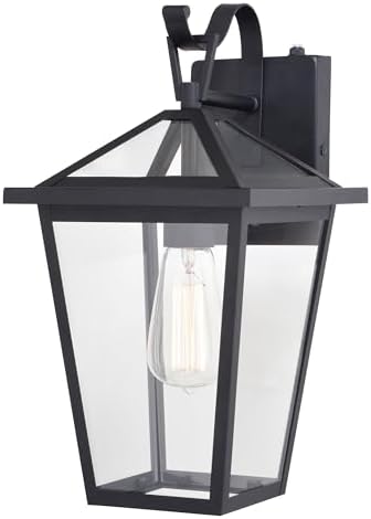 VAXCEL Derby 15 in. H 1-Light Matte Black Dusk to Dawn Sensor Transitional Outdoor Wall Sconce, Durable Metal, Clear Glass Shade, LED Compatible for Exterior Porch Patio Front Door or Garage