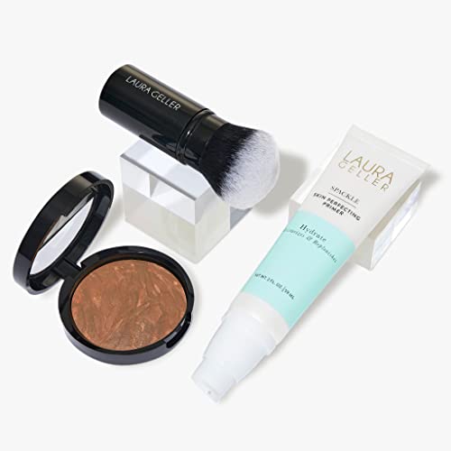 LAURA GELLER NEW YORK Face the Day Kit (3 PC) - Balance-n-Brighten Foundation, Toffee + Spackle Skin Perfecting Primer, Hydrate + Airbrush Round Kabuki Brush