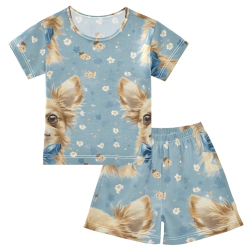 Pajama Short Sets Cute Dogs with Flowers Soft Cotton Summer Sleepwear 2 Piece PJS Size 5-14T