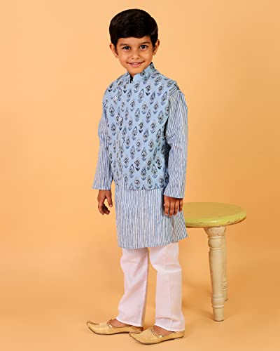 Image of The Mom Store Boys Printed Cotton Kurta Pajama Set With Jacket | Soft And Comfortable Ethnic Wear For Baby /Kids Boys | Full Sleeves Kurta Pyjama Set | Traditional Indian Outfit