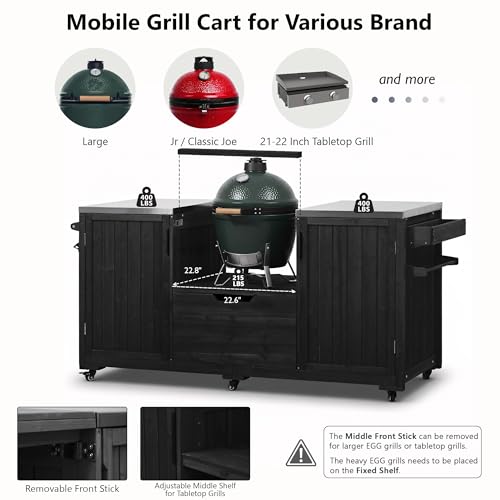 Andehomy 66.5\" Outdoor Kitchen Island for Big Green Egg Grill, Solid Wood Outdoor Grill Cart for Tabletop Grill with Stainless Steel Top, Drawer, Compatible with Large Big Green Egg, Kamado Joe-Black - Thumbnail 2