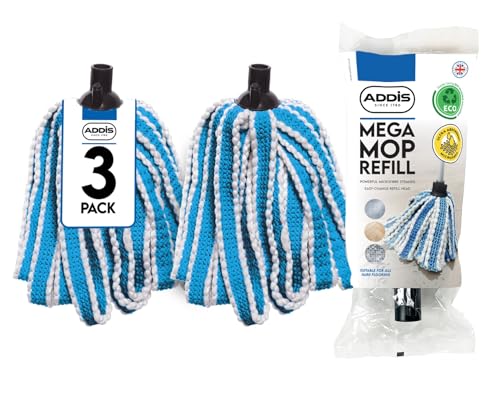 Addis Mega 100% Microfibre Mop Replacement Refill Heads Super soft highly absorbent knitted technology Pack of 3 Blue & White 5131903AMP