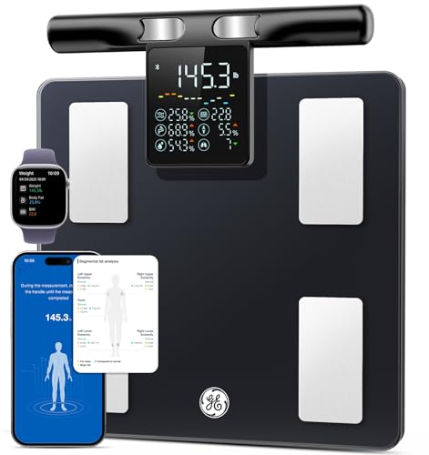 GE Smart Scale for Body Weight: 8-Electrode Body Pod Fat Monitor with Full Body Composition Analysis, Bluetooth App Sync, Large Handle Display, 400lb Capacity Bathroom Scale for Home & Gym, Black