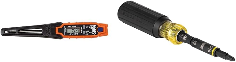 Klein Tools ET05 Digital Pocket Thermometer & 32500HD Multi-Bit Screwdriver/Nut Driver, Impact Rated 11-in-1 Tool with Phillips, Slotted, Square and Torx Tips
