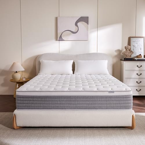 Image of 10 Inch Full Mattress, Comfort Foam & Pocket Coil Hybrid Mattress in a Box, Medium Firm Cooling Breathable Knit Cover, Motion Isolation & Edge Support, Gray & White