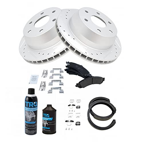 Image of TRQ Performance Rear Brake Pad & Rotor Kit Premium G-Coated Ceramic Slotted X Drilled Compatible with 02-06 Cadillac 00-06 Chevrolet GMC